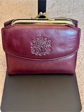 Vintage Buxton Burgundy Leather Coin Purse with Embossed Monogram and Gold-Tone